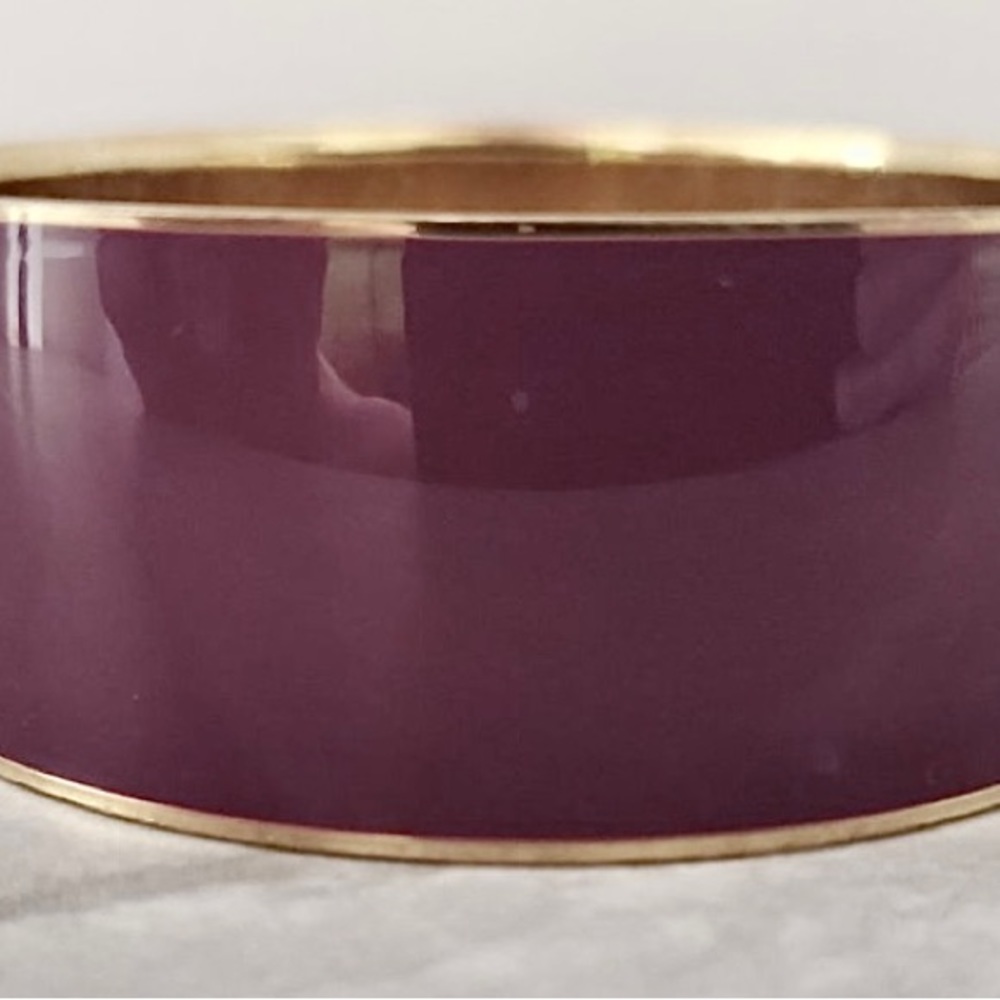💜 Vintage 1990’s JCrew Dark Purple and Gold Thick Wide Enameled Bangle Bracelet - Picture 3 of 7